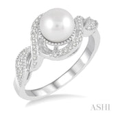 7 MM Round Shape Center Cultured Pearl and 1/10 ctw Round Cut Diamond Twisted Swirl Ring in 10K White Gold